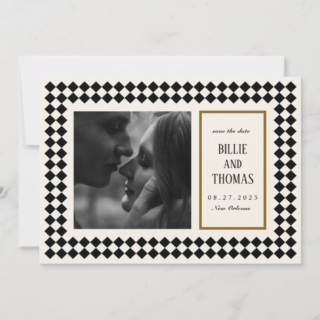 Black and Gold on Ivory Checkerboard Border Jazz Save The Date (Front)