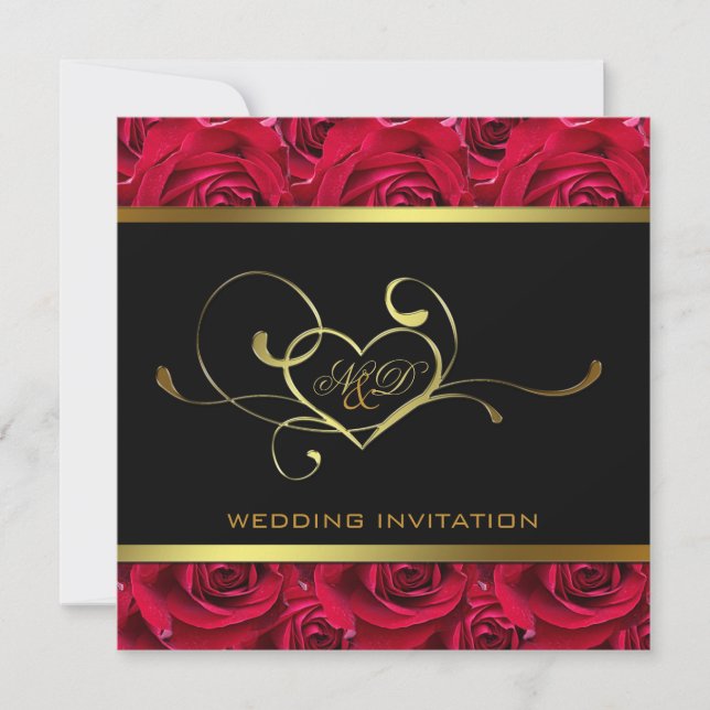 Black and Gold on Red Roses Wedding Invitation (Front)