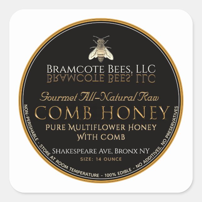 Black and Gold on White Square Comb Honey Label  (Front)
