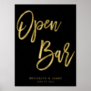 Black And Gold Open Bar Sign 18x24
