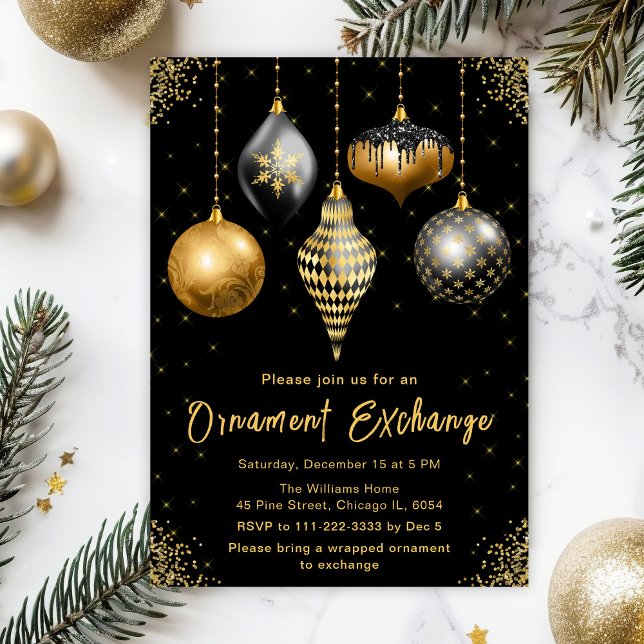 Black and Gold Ornament Exchange Party Invitation (Creator Uploaded)