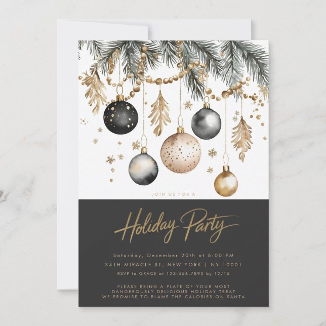 Black And Gold Ornaments Baubles Holiday Party Invitation (Front)