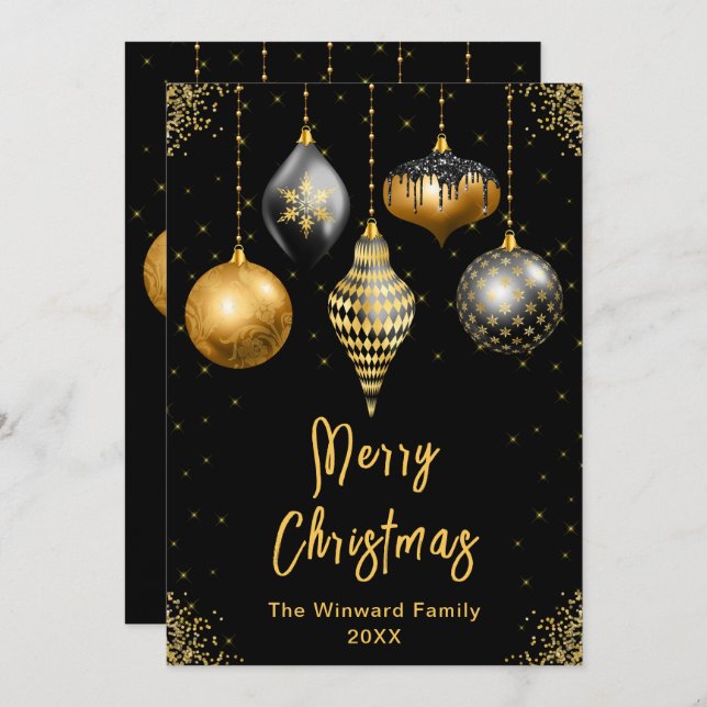 Black and Gold Ornaments Merry Christmas Holiday Card (Front/Back)