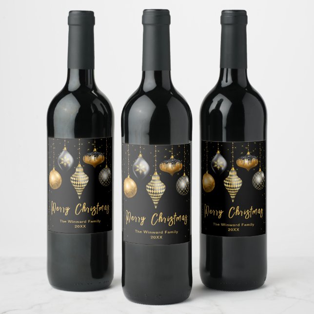 Black and Gold Ornaments Merry Christmas Wine Label (Bottles)