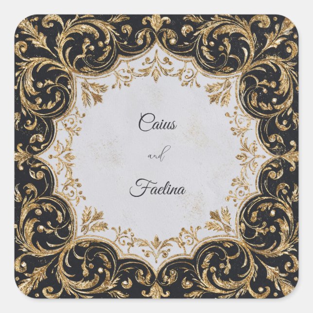 Black and Gold Ornate Frame Wedding Sticker (Front)