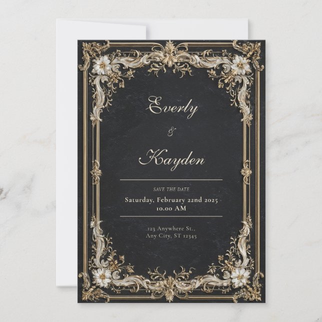 Black and Gold Ornate Wedding  Invitation (Front)