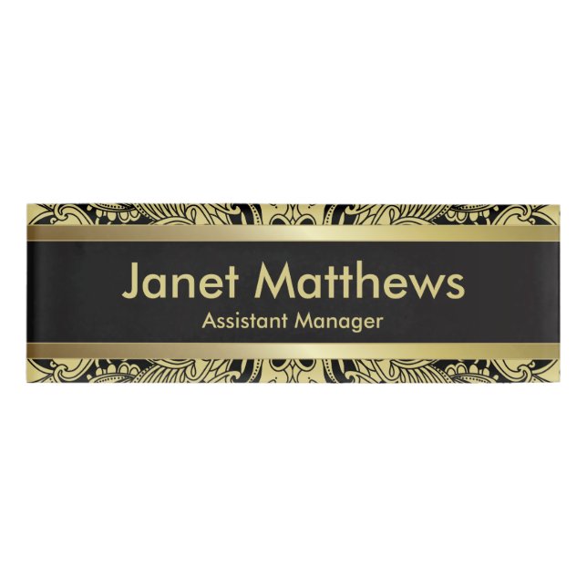 Black and Gold Paisley Art Name Tag (Front)