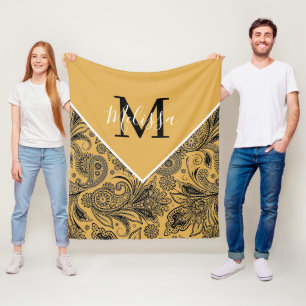 Black and gold paisley fleece blanket