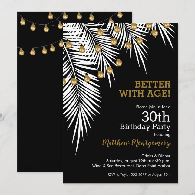 Black and Gold Palms Birthday Party Invitation (Front/Back)