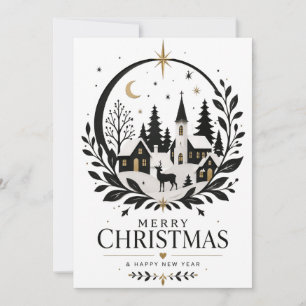 Black and Gold Paper Cut Village Holiday Card