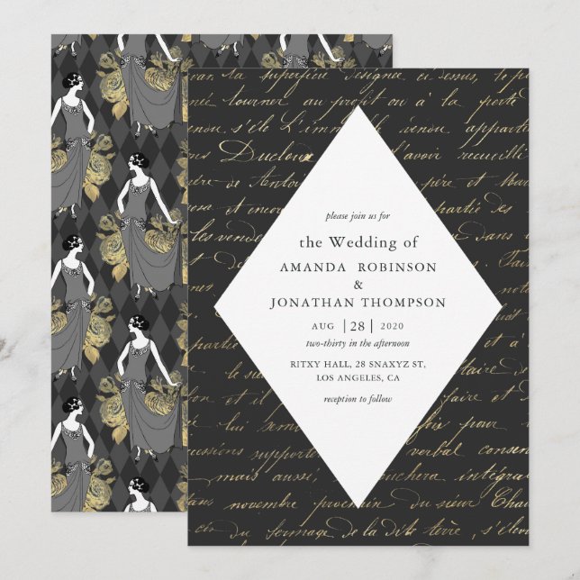 Black and Gold Paris Themed Calligraphy Wedding Invitation (Front/Back)