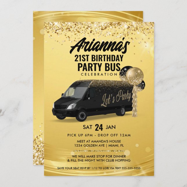 Black and Gold Party Bus Invitation (Front/Back)