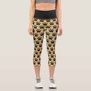 Black and Gold Paws Seamless Pattern Capri Leggings