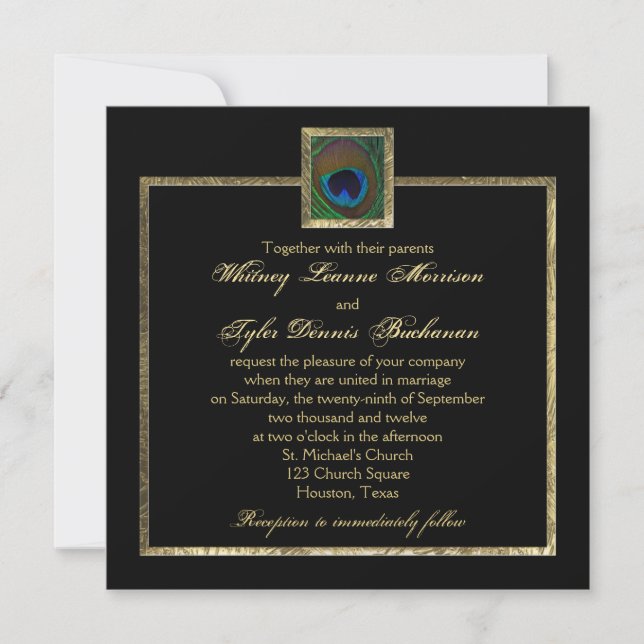 Black and Gold Peacock Feather Wedding Invitation (Front)