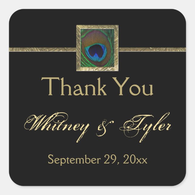 Black and Gold Peacock Feather Wedding Sticker (Front)