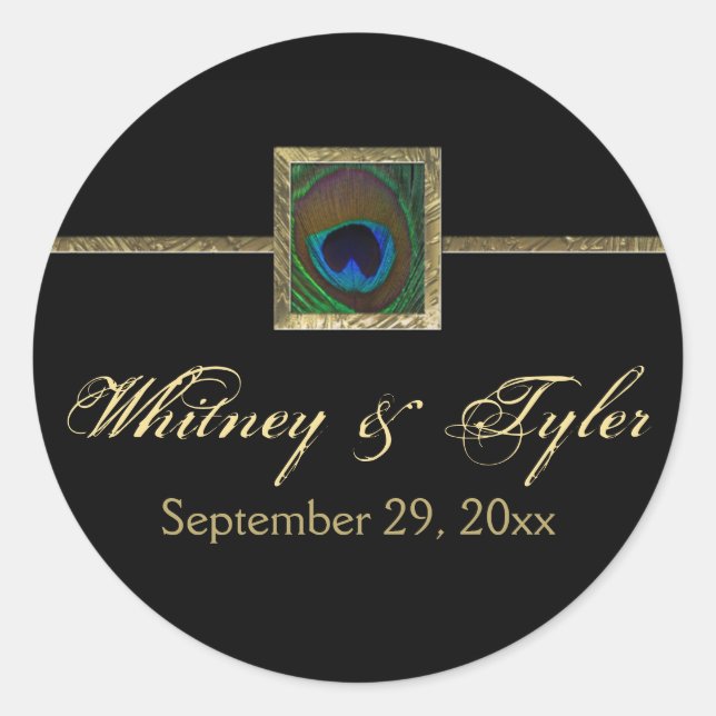 Black and Gold Peacock Feather Wedding Sticker (Front)