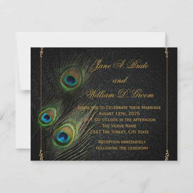 Black and Gold Peacock Wedding Invitation (Front)