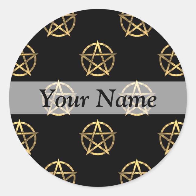 Black and gold pentagram classic round sticker (Front)