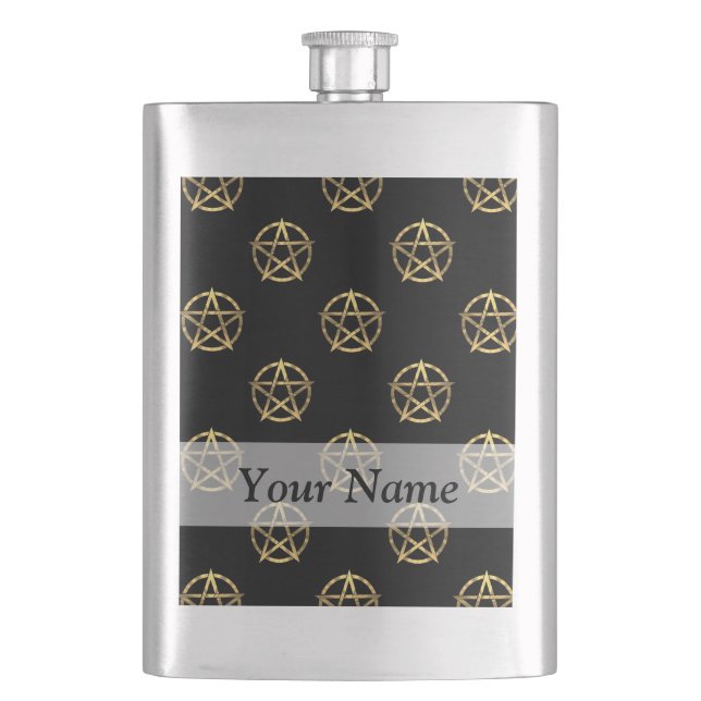 Black and gold pentagram hip flask (Front)