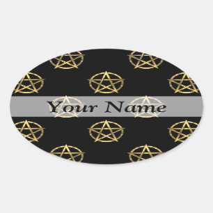 Black and gold pentagram oval sticker