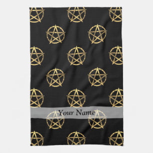 Black and gold pentagram tea towel
