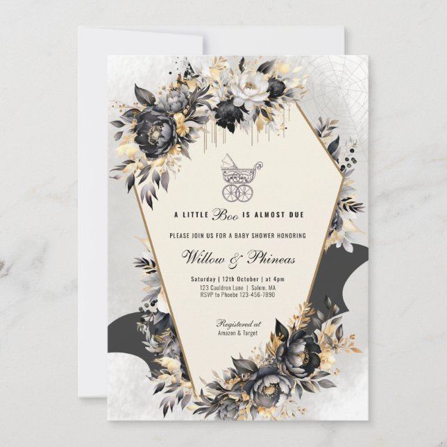 Black and Gold Peonies Halloween Baby Shower Invitation (Front)