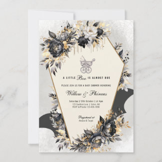 Black and Gold Peonies Halloween Baby Shower Invitation
