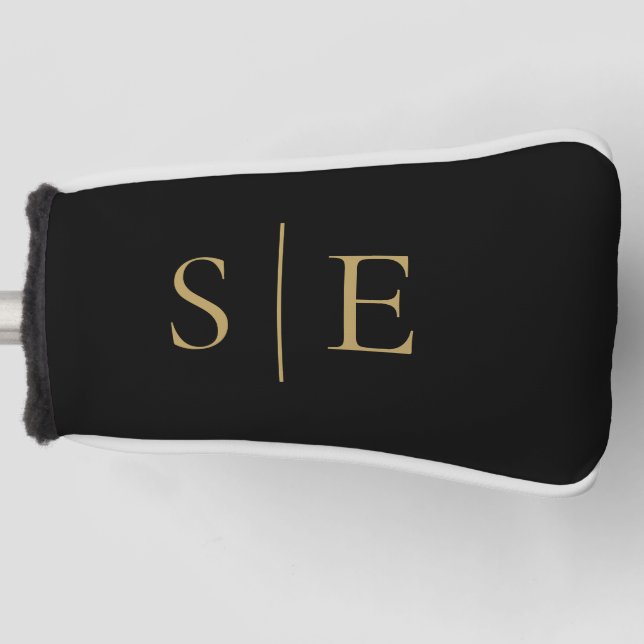 Black And Gold Personalised Elegant Monogram Golf Head Cover (Front)