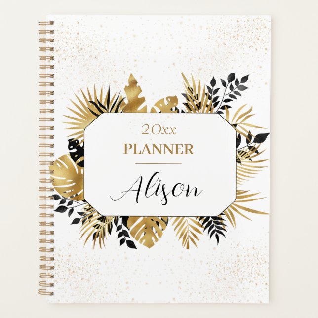 Black And Gold Personalised Floral Glitter  Planner (Front)