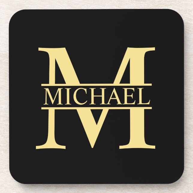 Black and Gold Personalised Monogram and Name Coaster (Front)