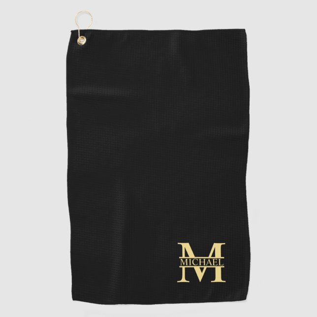 Black and Gold Personalised Monogram and Name Golf Towel (Front)
