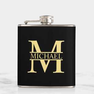 Black and Gold Personalised Monogram and Name Hip Flask
