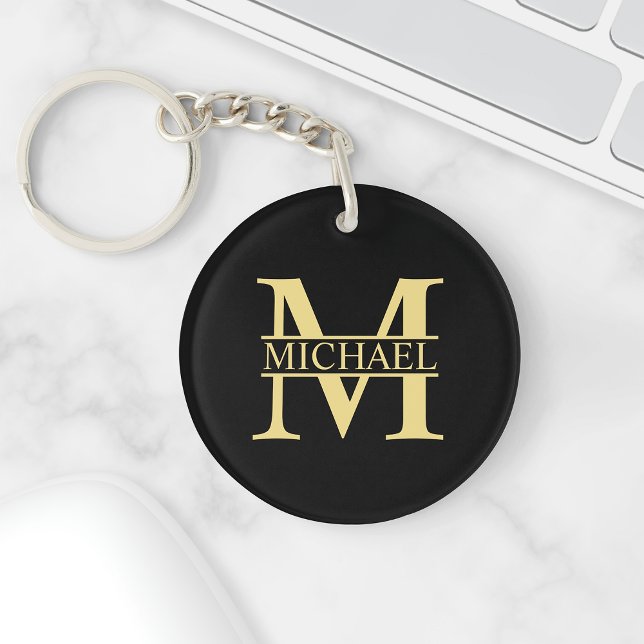 Black and Gold Personalised Monogram and Name Key Ring (Creator Uploaded)