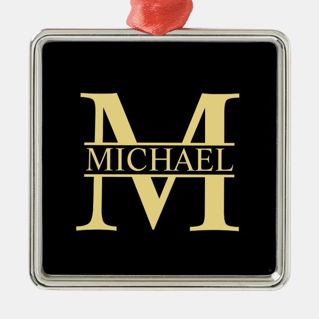 Black and Gold Personalised Monogram and Name Metal Tree Decoration (Front)