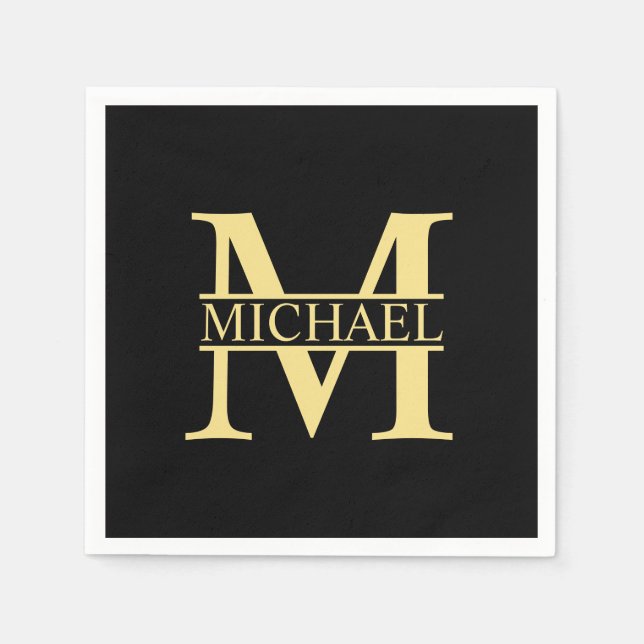Black and Gold Personalised Monogram and Name Napkin (Front)