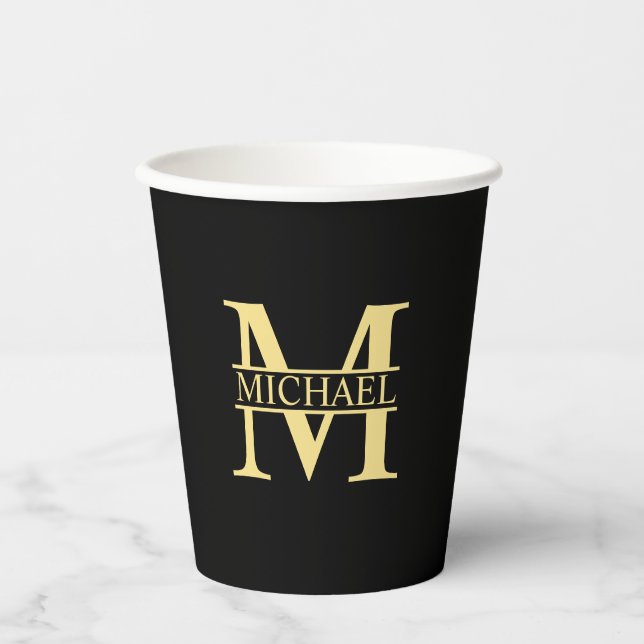 Black and Gold Personalised Monogram and Name Paper Cups (Front)