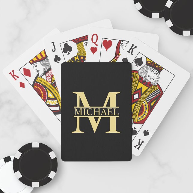 Black and Gold Personalised Monogram and Name Playing Cards (Creator Uploaded)