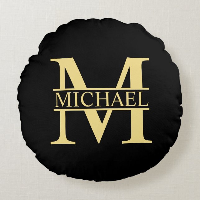 Black and Gold Personalised Monogram and Name Round Cushion (Front)