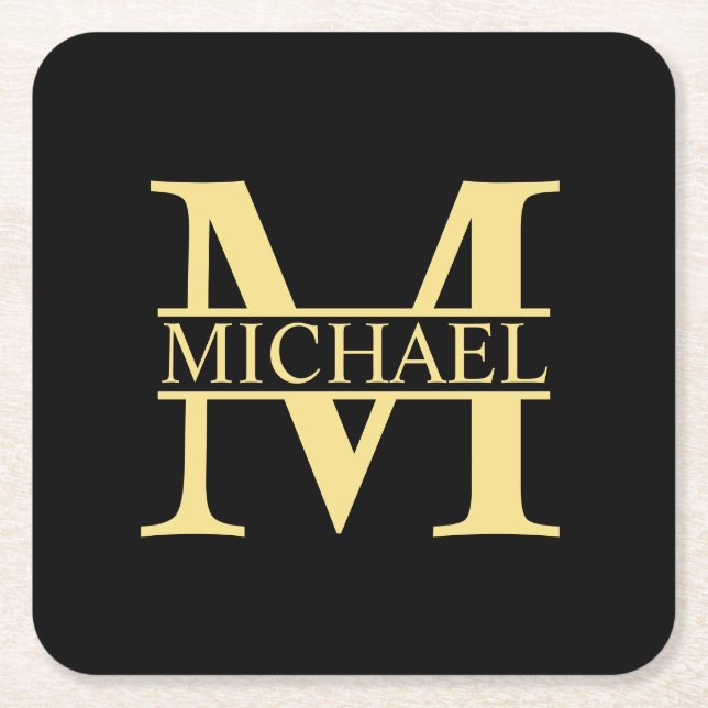 Black and Gold Personalised Monogram and Name Square Paper Coaster (Front)
