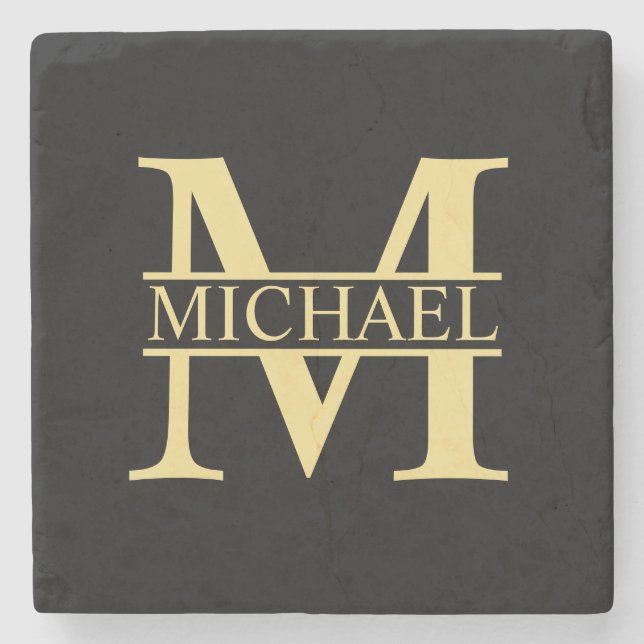 Black and Gold Personalised Monogram and Name Stone Coaster (Front)