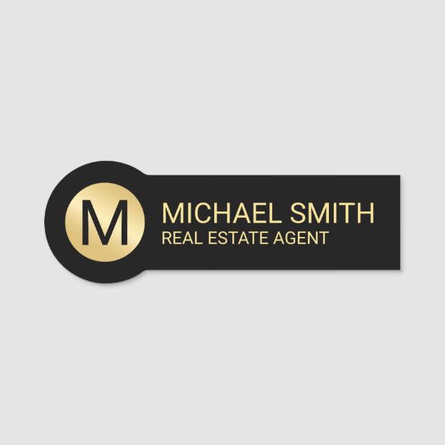 Black and Gold Personalised Monogram and Name Tag (Front)