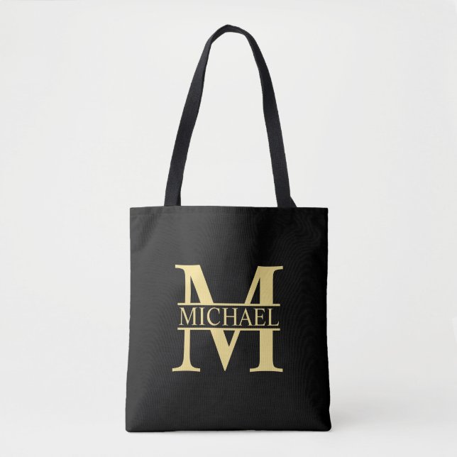 Black and Gold Personalised Monogram and Name Tote Bag (Front)