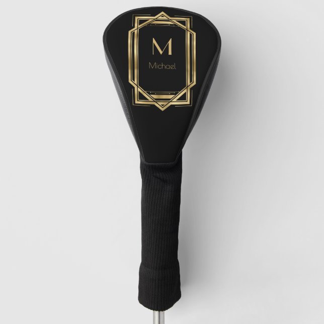 Black and Gold Personalised Monogram | Geometric Golf Head Cover (Front)