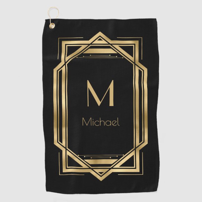 Black and Gold Personalised Monogram | Geometric Golf Towel (Front)