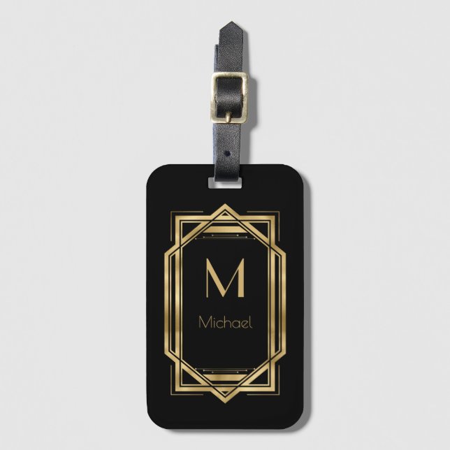 Black and Gold Personalised Monogram | Geometric  Luggage Tag (Front Vertical)