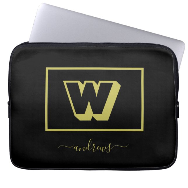 Black and Gold Personalised Monogram Name  Laptop Sleeve (Front)