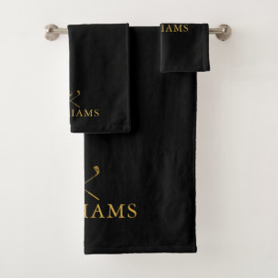 Black And Gold Personalised Name Golf Clubs Bath Towel Set