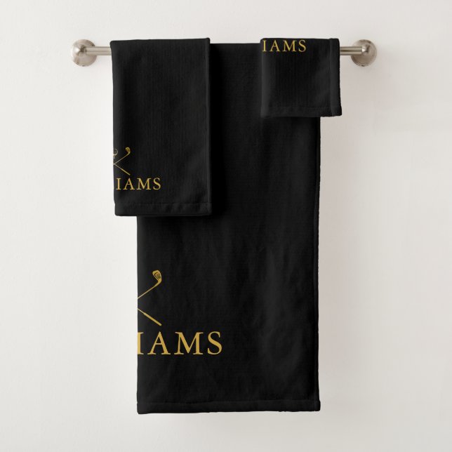 Black And Gold Personalised Name Golf Clubs Bath Towel Set (Insitu)