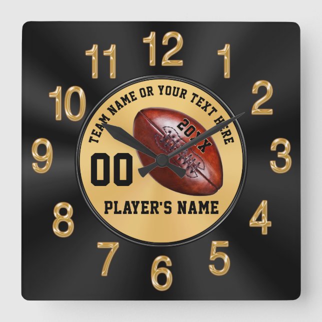 Black and Gold Personalised Senior Football Gifts Square Wall Clock (Front)