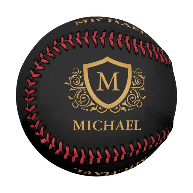 Black and Gold Personalised Stylish Monogram Name Baseball (Front Left)